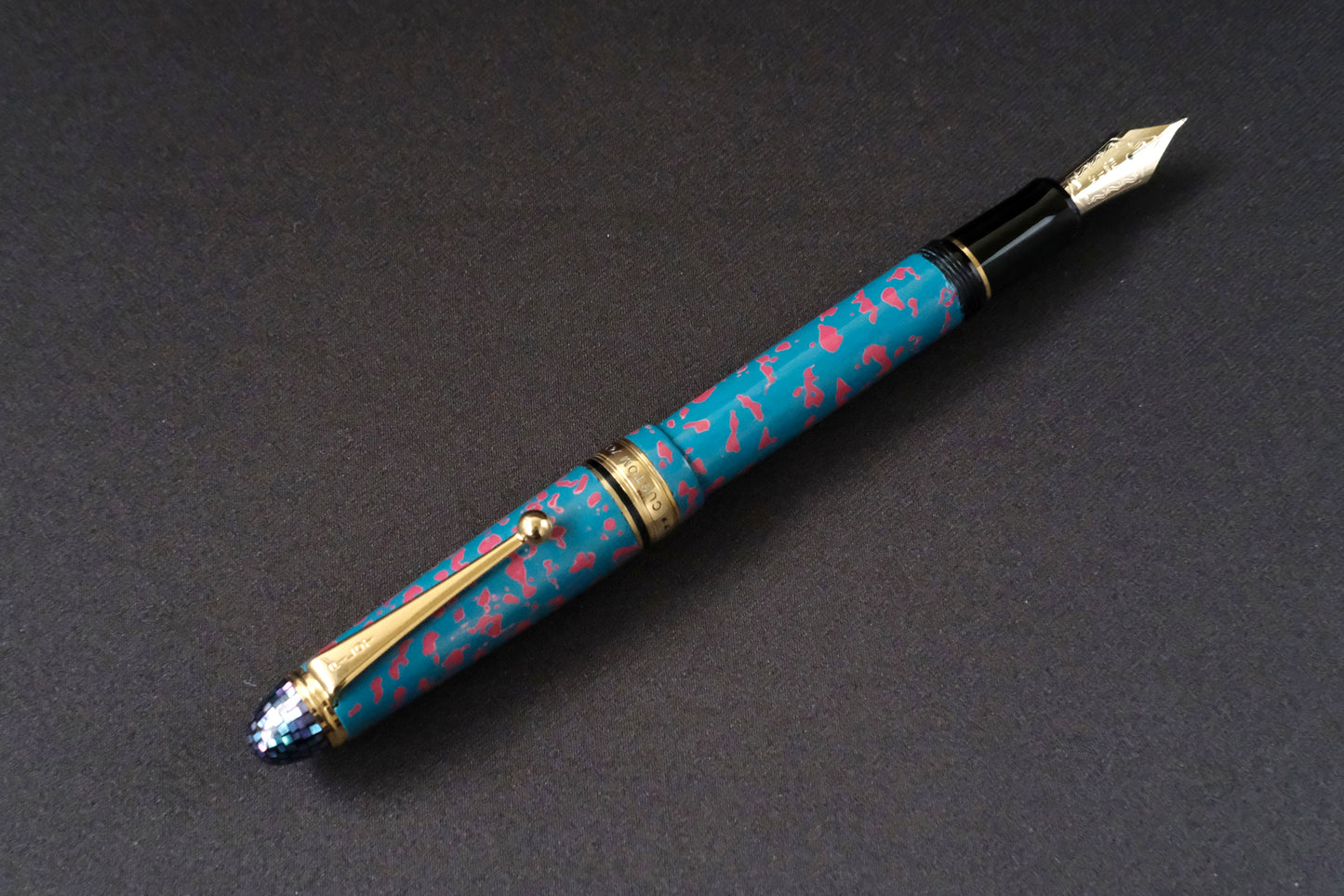 Teal blue and pink kara-nuri on Pilot Custom 743