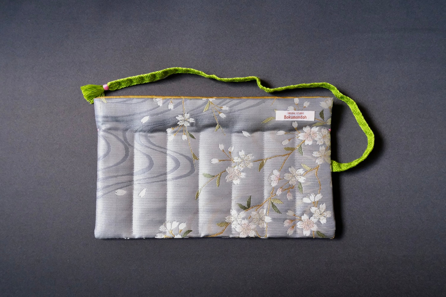 Kimono Pen Roll (7‑Slot) – Silver Cherry Blossom