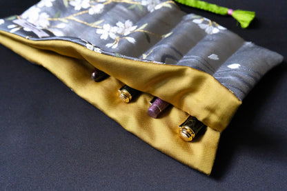 Kimono Pen Roll (7‑Slot) – Silver Cherry Blossom