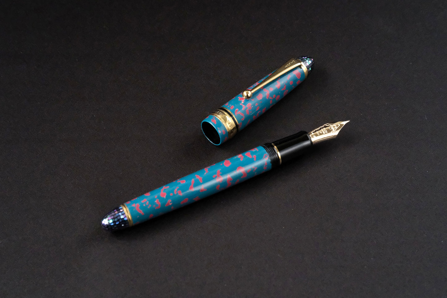 Teal blue and pink kara-nuri on Pilot Custom 743